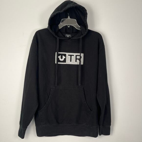 True Religion Pullover Hoodie Sweatshirt Men's M Embroidered TR Box Logo Black - Picture 3 of 9